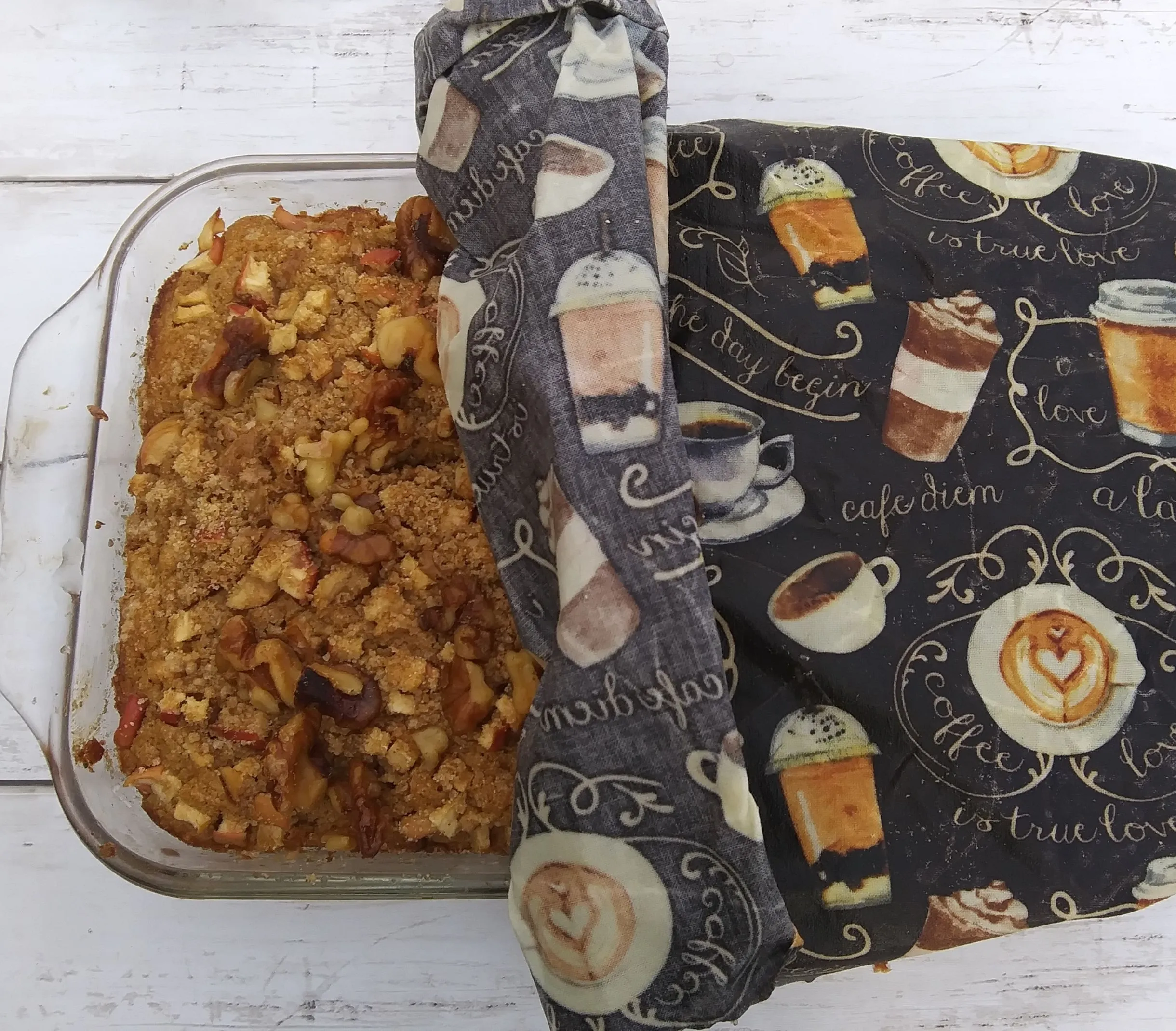 Casserole size beeswax wrap on peach cobbler
