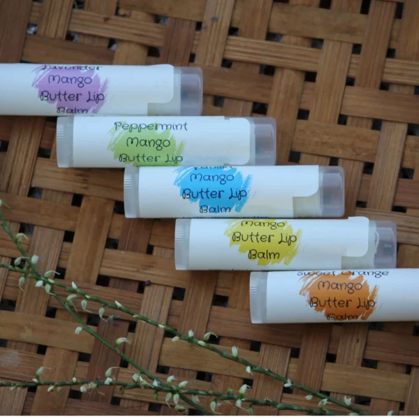 Mango Butter lip balm in unscented, vanilla, lavender, peppermint, and sweet orange scents