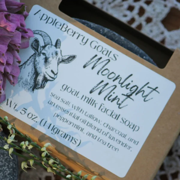 Moonlight Mint goat milk facial soap scented with a blend of lavender, peppermint, and tea tree essential oils