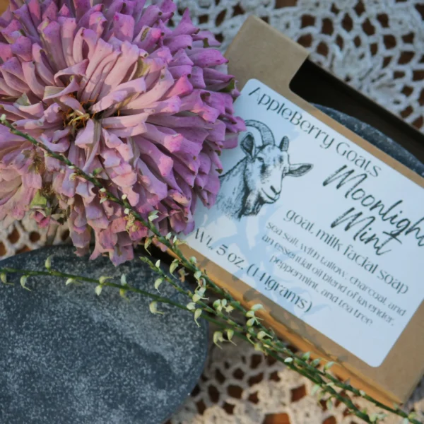 Moonlight Mint goat milk facial soap scented with a blend of lavender, peppermint, and tea tree essential oils