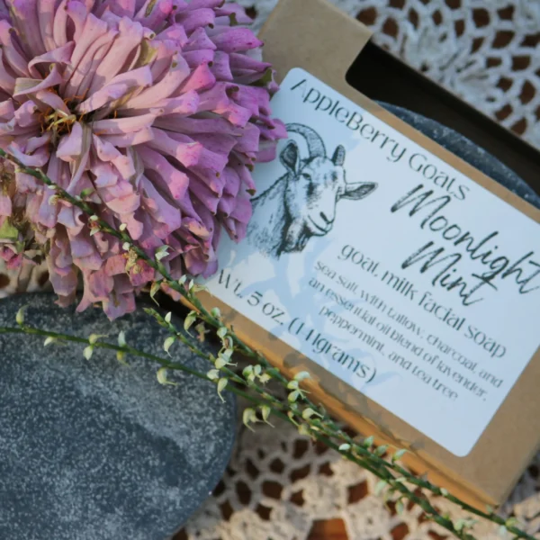 Moonlight Mint goat milk facial soap scented with a blend of lavender, peppermint, and tea tree essential oils