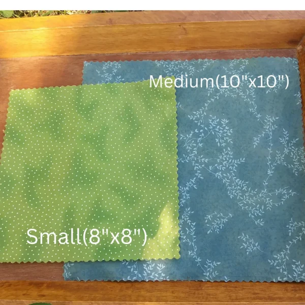 Farm fresh beeswax wraps; size small is green; size medium is light blue